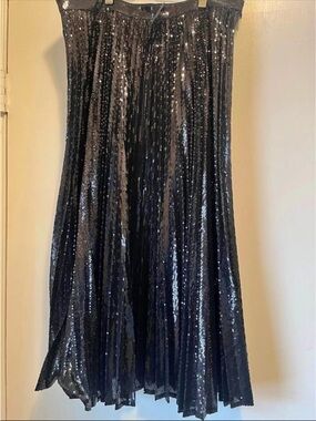 Club Monaco Navy Black Sequin Pleated Maxi Skirt